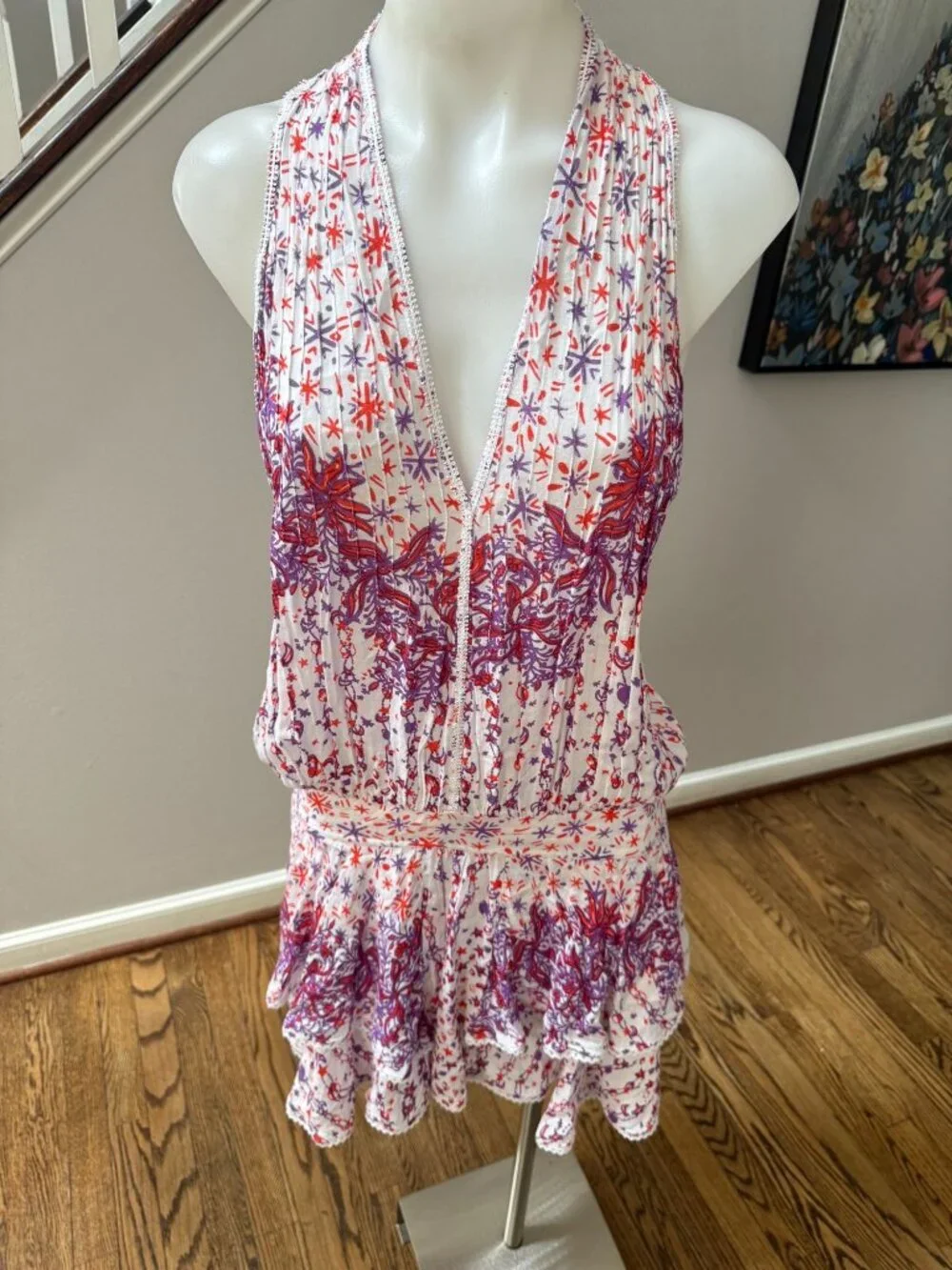 Poupette St. Barth Jolie Tiered Mini Dress White Purple Pink Floral Medium